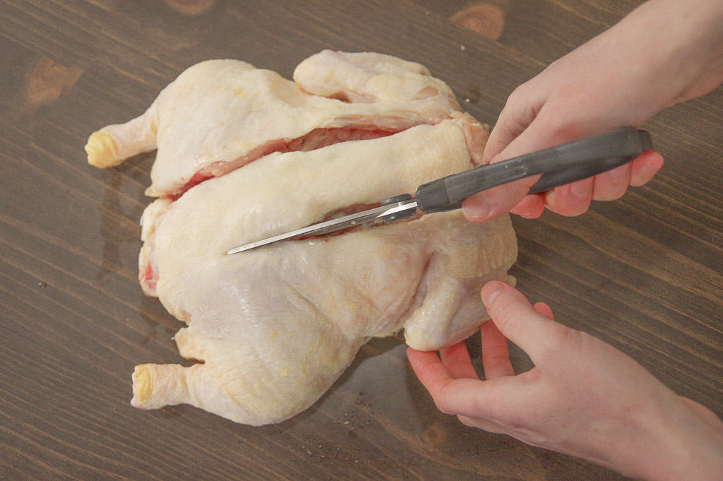 Woman using kitchen shears to cut backbone of raw chicken