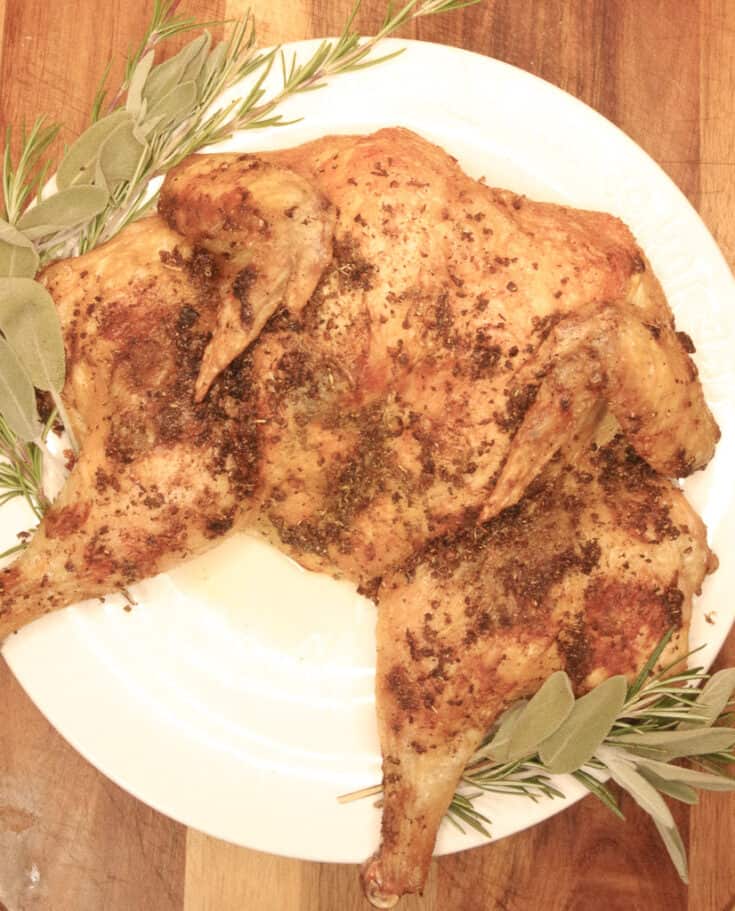 Roasted chicken with fresh herbs on a white plate