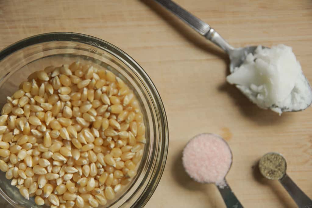 Close up of white popcorn kernels, coconut oil, salt and pepper