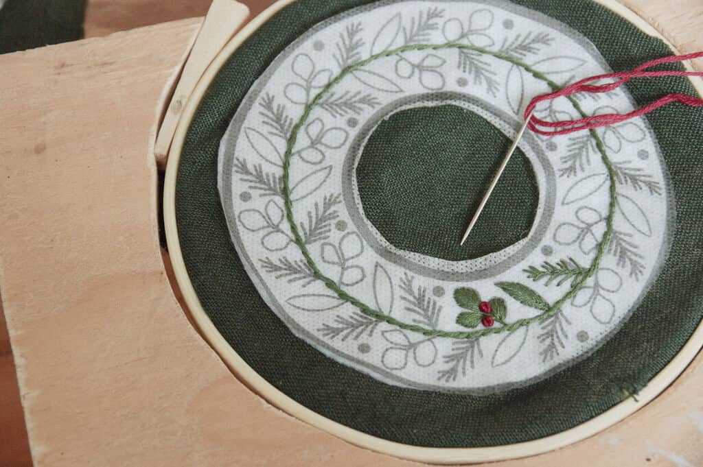 Embroidery project in wooden stand